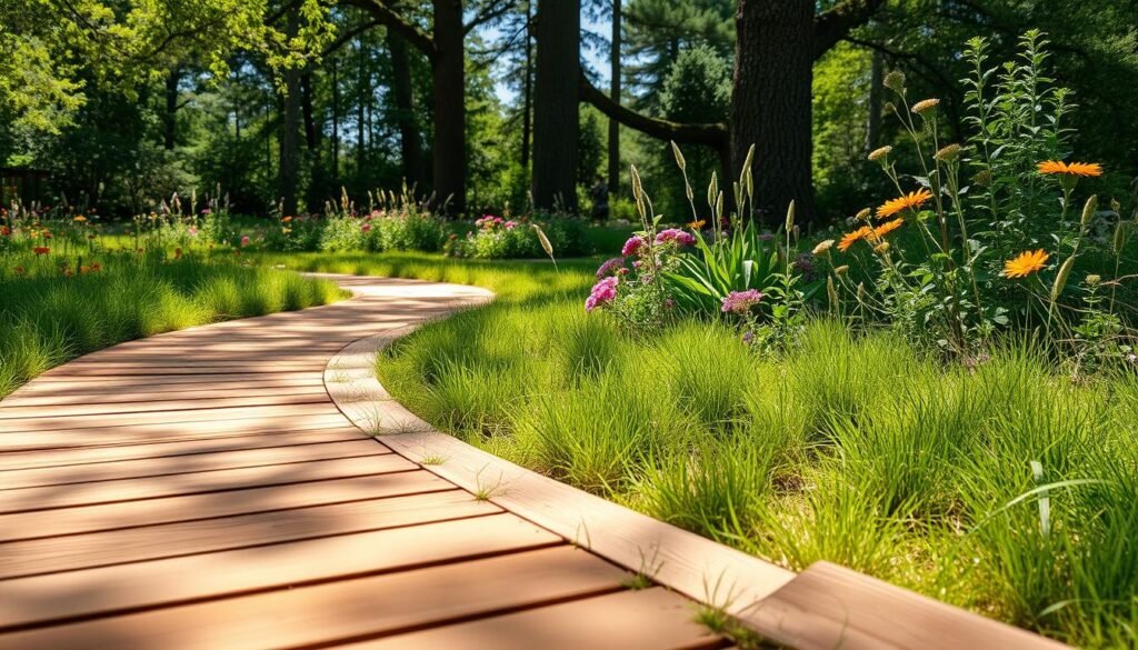 Natural wood pathways meander through a serene backyard, surrounded by lush green grass and vibrant wildflowers. In the foreground, warm wooden planks are laid out in a gentle curve, their rich textures and grain patterns highlighted by soft, dappled sunlight filtering through the leaves above. The middle ground showcases a variety of delightful plantings, including aromatic herbs and colorful blooms, providing a natural framing for the pathway. In the background, tall trees stand majestically, casting playful shadows and creating a sense of depth. Capture this peaceful scene with a slightly elevated angle to enhance the inviting feeling of the pathways. The atmosphere is tranquil and inviting, ideal for a relaxing outdoor space filled with natural beauty and harmony.