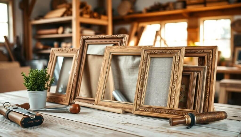 Rustic wooden picture frames arranged artfully on a light, weathered table. The frames vary in size and style, showcasing intricate carving details and a natural finish. In the foreground, a small potted plant and some woodworking tools hint at a DIY project in progress. The middle section features the frames leaning against a soft, textured cloth, gently illuminated by warm, natural light streaming in through a nearby window. In the background, blurred hints of a cozy workshop setting add to the atmosphere, with shelves lined with woodworking supplies. Capture a bright and airy mood, focusing on the beauty of handmade craftsmanship, emphasizing the relaxed and satisfying feeling of creating something personal and unique. Aim for a shallow depth of field to highlight the textures of the wood and the interplay of light.