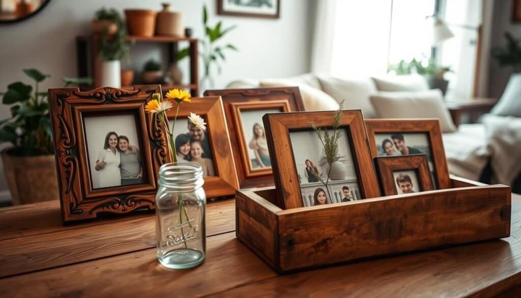 Rustic wooden picture frames arranged beautifully on a weathered wooden table, showcasing various family photographs. The frames have intricate carvings, displaying a range of warm brown hues with a touch of distressed paint that enhances their vintage charm. In the foreground, a light breeze gently rustles a few wildflowers in a mason jar, adding a pop of color. The middle ground has soft, diffused natural light streaming in through a nearby window, illuminating the textures of the wood and the photographs. In the background, a hint of a cozy living room setting can be seen, with plants and warm textiles, creating an inviting atmosphere. The overall mood is warm and nostalgic, evoking a sense of home and cherished memories.