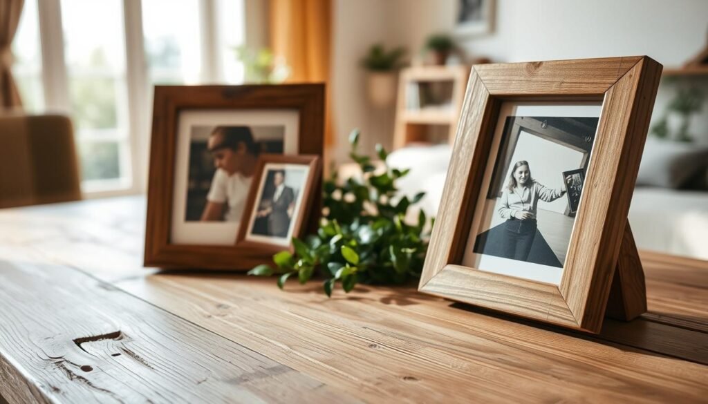 Rustic wooden picture frames displayed elegantly on a well-lit, weathered wooden table. In the foreground, the frames showcase vintage photographs, each with unique grain and texture highlighting their handmade quality. The middle ground features soft, natural greenery peeking in, enhancing the organic feel. The background is a softly blurred interior space with warm, neutral tones, letting sunlight stream in through a nearby window, creating a cozy and inviting atmosphere. The scene is illuminated with bright, natural light, casting gentle shadows that add depth and warmth. Capture the essence of rustic charm and nostalgia, evoking a sense of comfort and homeliness.