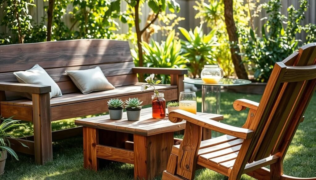 Rustic wooden seating arranged in a serene backyard setting, featuring a weathered wooden bench with intricate grain patterns and soft cushions for comfort. In the foreground, include a cozy, handmade rocking chair made from reclaimed wood, inviting relaxation. The middle ground showcases a small wooden coffee table adorned with potted succulents and a refreshing pitcher of lemonade. In the background, lush green plants and gentle sunlight filter through the leaves, casting soft shadows on the grass. The scene is bathed in bright, natural light, creating a warm and inviting atmosphere, emphasizing the comfort and tranquility of a lived-in outdoor space. The composition is shot from a slightly elevated angle to capture the entire setting harmoniously.