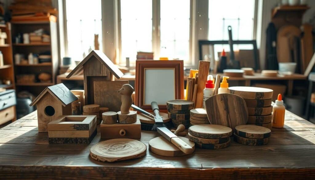 Scrap wood crafts arranged artfully on a rustic wooden table in a bright, airy workshop. In the foreground, showcase a variety of handcrafted items such as a small birdhouse, a decorative picture frame, and rustic coasters, all made from reclaimed wood, their textures and grains visible. In the middle, display tools like a saw, paintbrush, and wood glue, hinting at the creative process. In the background, soft sunlight streams through a large window, illuminating dust motes in the air and casting gentle shadows. The atmosphere is warm and inviting, encouraging creativity and craftsmanship, evoking a sense of accomplishment and simplicity in making something beautiful from scrap materials.