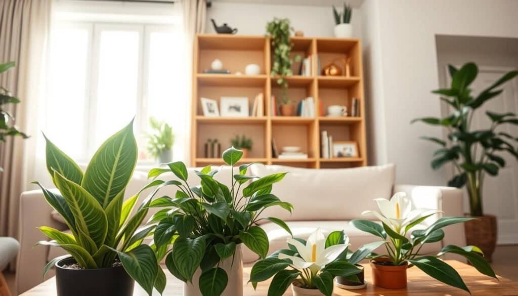 Stylishly arranged indoor plants in a cozy living space, featuring a tall snake plant, lush pothos, and vibrant peace lilies on a wooden coffee table. The foreground showcases the plants with intricate leaf details and vibrant green hues. In the middle, a soft, light-colored couch complements the natural elements, and a warm wooden bookshelf serves as a backdrop filled with books and decorative items. Bright, natural sunlight streams through a large window, casting soft shadows and creating an airy, inviting atmosphere. The overall mood is refreshing and rejuvenating, perfect for a space aiming to lift energy and positivity. The scene is captured with a wide-angle lens to enhance the spacious feel, highlighting the harmonious blend of nature and modern decor.