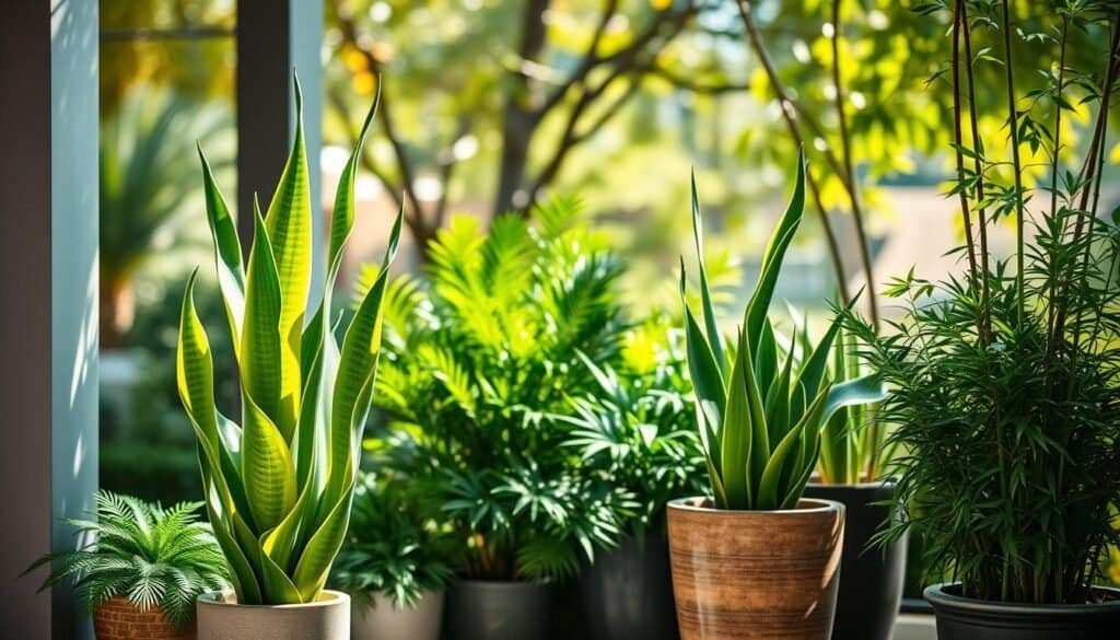 Tall potted plants arranged artfully in a serene outdoor corner, emphasizing lush greenery with soft textures. In the foreground, a pair of vibrant, tall snake plants stand in elegant ceramic pots, their long leaves reaching upwards. The middle ground features an assortment of leafy ferns and bamboo, providing depth and variety. The background reveals a gentle blur of a sunlit garden with dappled light filtering through tree branches. Soft sunlight bathes the scene, creating a warm and inviting atmosphere, while the interplay of light and shadow highlights the intricate details of the foliage. Capture the image with a shallow depth of field to accentuate the plants, evoking a refreshing, tranquil mood suitable for a peaceful retreat.