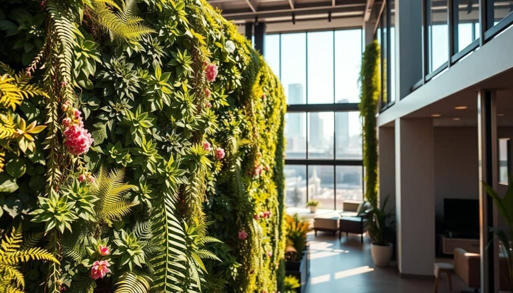 Vertical greening living walls in a modern urban space, featuring a variety of lush, vibrant plants such as ferns, succulents, and flowering vines cascading down the wall. The foreground showcases the detailed textures and colors of the greenery, while the middle ground presents a sleek, contemporary interior with an open layout, allowing natural light to filter through large windows. The background reveals hints of a cityscape beyond, softly blurred to emphasize the living wall. The scene is bathed in bright, warm sunlight, creating a welcoming and energetic atmosphere. Use a wide-angle lens to capture the entire wall and the surrounding space with focus on the harmony between nature and modern design, instilling a sense of tranquility and revitalization.