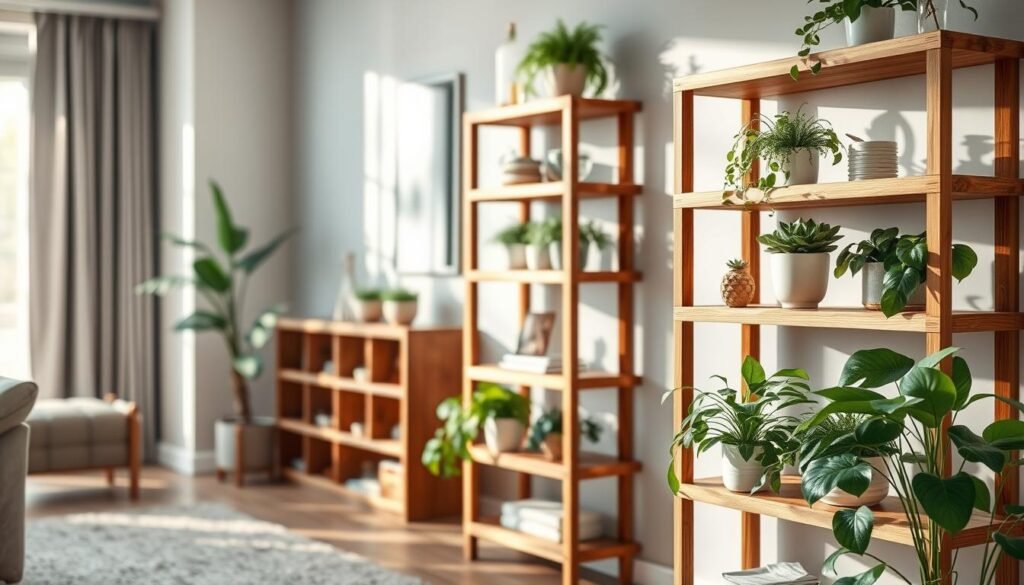 Wooden corner shelves elegantly arranged in a cozy living space, crafted from rich, warm timber with a natural finish. The foreground showcases the shelves, filled with lush green potted plants and decorative items, evoking a serene atmosphere. In the middle ground, soft sunlight filters through a nearby window, creating gentle highlights and shadows that add depth. The background features a softly blurred living room setting with neutral-toned walls and a plush rug, enhancing the calming effect of the scene. The image is captured from a slightly elevated angle, allowing a full view of the shelving and its contents. Natural light enhances the wood grain texture and the vibrant green of the plants, contributing to a refreshing and soothing ambience.