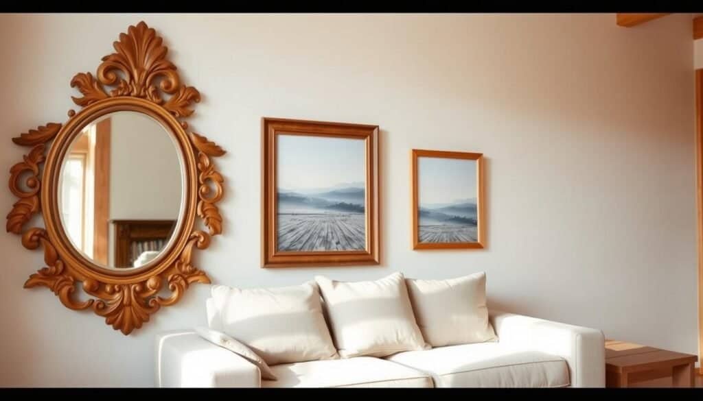 Wooden frames and mirrors arranged tastefully on a light, airy wall in a cozy living room. The foreground features an ornate, natural wood mirror with intricate carvings, reflecting the soft sunlight streaming in from a nearby window. Surrounding it are two wooden frames showcasing serene landscape photographs, adding depth and character. In the middle, a comfortable sofa with light cushions enhances the inviting atmosphere. The background consists of soft pastel-colored walls and light wooden furniture, bathed in natural, warm light that creates a relaxed yet elegant ambiance. The image captures a sense of harmony and simplicity, ideal for a modern home décor setting, showcasing wooden elements beautifully accentuating a living room space.