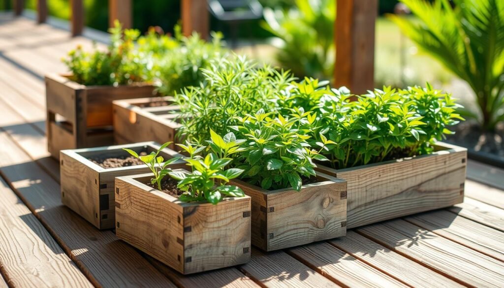 Wooden plant boxes arranged harmoniously on a rustic wooden deck, showcasing a variety of plants sprouting from each box. In the foreground, there are several weathered, handcrafted wooden containers, their grains and textures prominent. The middle ground features lush green plants with vibrant foliage, adding life and color, while the background reveals a soft-focus of a serene garden with blurred greenery and gentle shadows. The scene is illuminated by bright, natural sunlight, casting soft shadows that enhance the textures of the wood. The overall atmosphere feels fresh and inviting, embodying a cozy home décor aesthetic that highlights the relationship between the wooden containers and the thriving plants they hold.