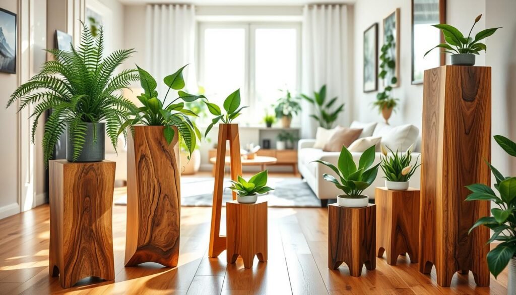 Wooden plant stands crafted from rich, natural wood, showcasing intricate grain patterns and smooth finishes. In the foreground, a variety of indoor plants, such as ferns, succulents, and peace lilies, are elegantly displayed on these stands at different heights to create visual interest. The middle ground features a cozy, airy living space with bright natural light filtering through a large window, casting soft shadows on the wooden floor. In the background, subtle touches of greenery and a serene wall color enhance the tranquil atmosphere. The scene is bright and inviting, capturing the essence of natural home décor, with a focus on the harmonious relationship between the wooden stands and the vibrant green plants.