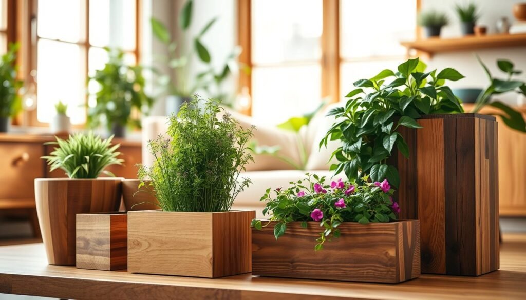 Wooden planters designed for small spaces, featuring innovative and space-saving configurations. In the foreground, showcase a set of distinct wooden planters with varied shapes and sizes, emphasizing textures like smooth cedar and rustic reclaimed wood. The middle of the image should highlight a tall, vertical planter filled with vibrant green herbs, alongside cascading flowers in a low, rectangular planter. In the background, softly blurred indoor greenery and warm wooden accents create an inviting atmosphere. Bright natural light filters through a nearby window, casting a gentle glow, enhancing the natural beauty of the wood grain. The scene conveys a serene and organized ambiance, perfect for compact living spaces infused with a touch of nature.