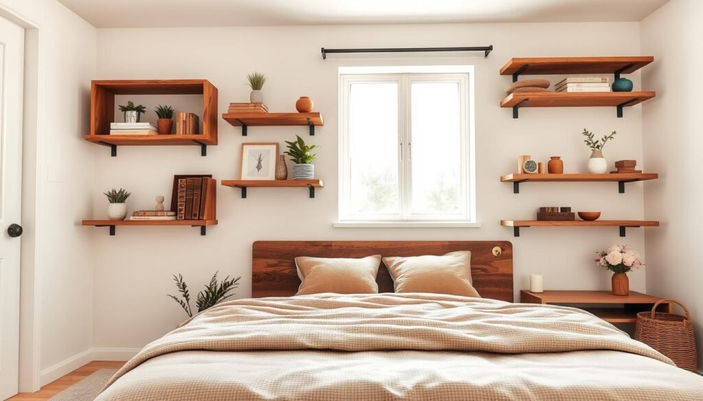 Wooden shelving units elegantly mounted on a light-colored wall in a cozy bedroom setting. The foreground features multiple floating shelves displaying decorative items such as potted plants, books, and candles, all arranged thoughtfully to create a warm atmosphere. The middle ground showcases a soft, textured bed with earthy-toned bedding that complements the natural wood of the shelves. In the background, a window allows bright, natural light to stream in, filling the room with a soft, inviting glow. The scene evokes a sense of tranquility and relaxation, perfect for a peaceful bedroom retreat. Capture this image with a wide-angle lens to emphasize the spacious feel and airy quality, while ensuring the focus remains on the wooden shelving as a central element of cozy decor.
