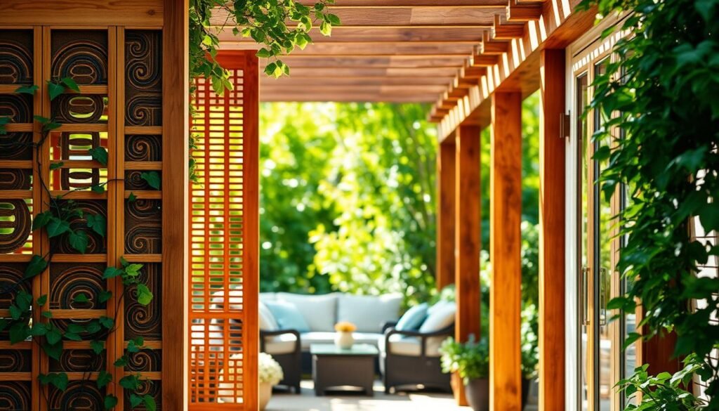 Wooden structures designed for privacy, such as elegant slatted screens and beautifully crafted pergolas, framing a cozy patio. The foreground features a stylish wooden privacy screen with intricate patterns, adorned with climbing plants. In the middle ground, there's a well-furnished patio with comfortable seating, soft cushions, and a small table set for relaxation. The background showcases lush greenery, softly blurred to emphasize the wooden structures. The scene is bathed in bright, natural light with soft sunlight filtering through the leaves, creating a warm and inviting atmosphere. Captured from a slightly elevated angle, the image conveys a sense of tranquility and comfort, perfect for enhancing outdoor living spaces.