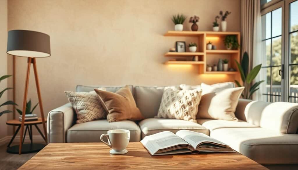 a cozy living room with warm lighting design, featuring a stylish floor lamp casting a soft glow over a comfortable sofa adorned with fluffy pillows; in the foreground, a wooden coffee table with a steaming mug and an open book; the middle showcases a textured wall in soft hues of beige, highlighting beautifully crafted shelves filled with decorative plants and personal artifacts; in the background, large windows allowing bright natural light to filter in, creating an airy and inviting atmosphere; the scene is bathed in soft sunlight, enhancing the warm ambiance; captured with a wide-angle lens to provide depth and perspective, evoking comfort and tranquility in everyday living spaces