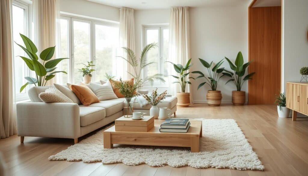 natural style home interior design featuring a cozy living room space with soft, neutral-colored furnishings and warm wood accents. In the foreground, a plush area rug lays on a light hardwood floor, flanked by an inviting sectional sofa adorned with textured throw pillows. The middle ground showcases a natural wooden coffee table, with a vase of fresh flowers, a few books, and a steaming mug to evoke a sense of everyday warmth. Large windows in the background allow bright, soft sunlight to flood the room, enhancing the airy atmosphere. Complementary houseplants bring a touch of nature indoors, while soft curtains sway gently, creating a tranquil, inviting environment. The overall mood is nurturing and serene, perfect for fostering connections and everyday moments.