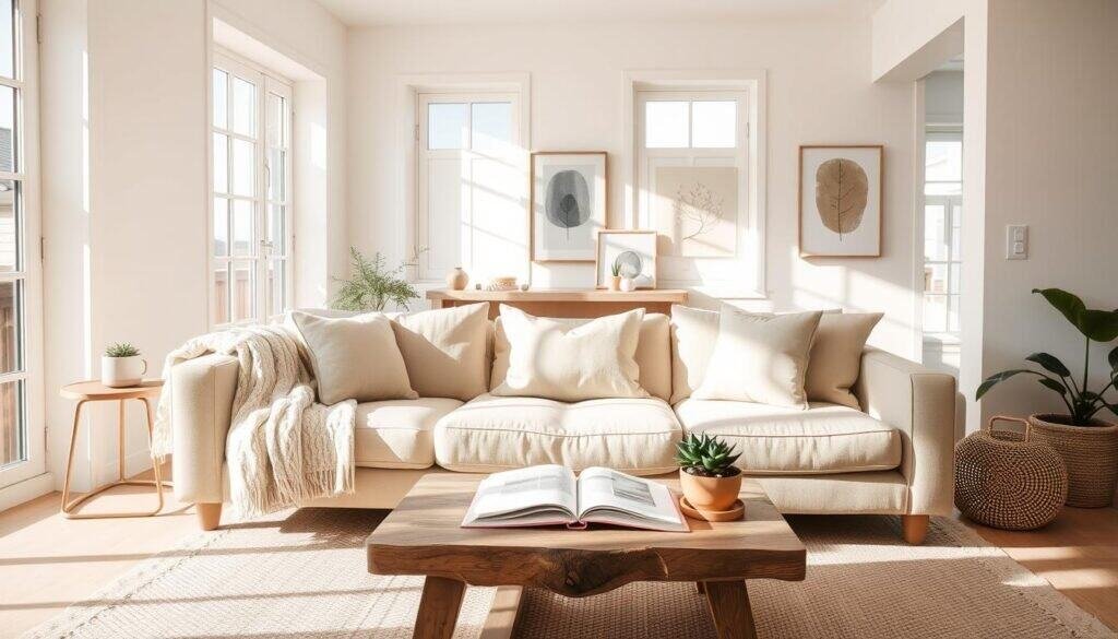 neutral color palettes in a cozy living room setting, featuring a harmonious blend of soft taupes, warm greys, and creamy whites. In the foreground, a plush beige sofa adorned with a light knitted throw and minimalist cushions. The middle layer showcases a rustic wooden coffee table with a few potted succulents and an open book. Behind, large windows allowing bright natural light to stream in, enhancing the airy atmosphere. The walls are painted in a gentle off-white, complemented by art pieces in subtle earthy tones. Soft sunlight casts delicate shadows, creating a warm, inviting mood throughout the space. The scene conveys comfort and tranquility, perfect for making a home feel lived in and natural.