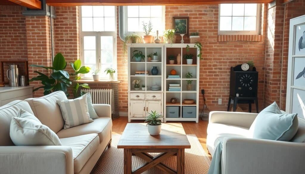 small apartment living room in a farmhouse style, featuring a cozy arrangement of soft beige and light blue furnishings. In the foreground, a plush sofa adorned with pastel throw pillows invites relaxation, complemented by a rustic wooden coffee table. In the middle, a distressed white bookshelf filled with houseplants and decorative items adds character, while a woven rug brings warmth underfoot. The background showcases bright, airy windows letting in soft sunlight, highlighting the warm tones of the wooden beams and exposed brick walls. The overall scene exudes a calm and inviting atmosphere, perfect for enhancing daily living through thoughtful color choices. Natural light bathes the room, creating a serene and uplifting mood.