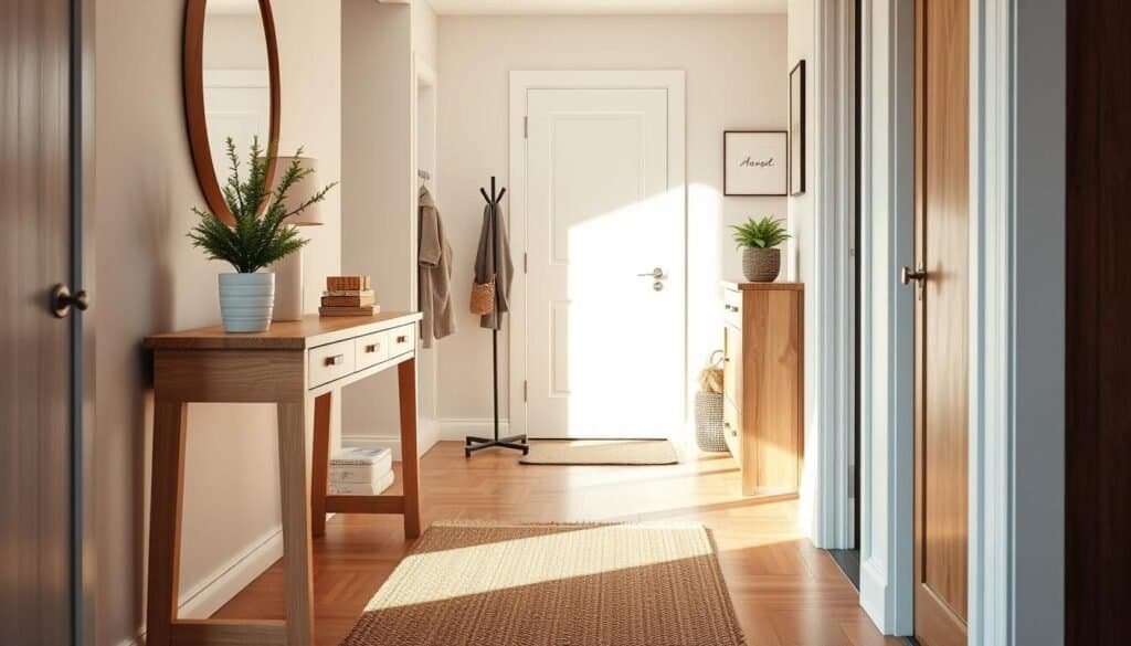 small front entrance ideas interior, featuring a cozy and inviting narrow entryway with natural wood elements. In the foreground, include a stylish console table made of light oak topped with a small potted plant and a decorative mirror. The middle section should showcase a slim coat rack and a woven rug that adds texture, illuminated by soft, warm natural light coming from a nearby window, creating an airy atmosphere. In the background, subtle wall art and a minimalist shoe cabinet made of reclaimed wood enhance the space’s character. Capture this scene from a slightly tilted angle to emphasize depth, conveying a serene and welcoming mood perfect for a small entryway transformation.