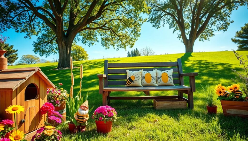 A beautiful bee-themed garden decoration scene, showcasing a cozy backyard filled with whimsical DIY projects. In the foreground, a handcrafted wooden bee hotel and vibrant flower pots overflowing with colorful blooms attract curious bees. In the middle, a rustic wooden bench adorned with cheerful bee-patterned cushions invites relaxation, surrounded by carefully arranged garden gnomes decorated as bees. The background features a lush, green lawn under a bright, blue sky, with soft sunlight creating a warm and inviting atmosphere. The angle captures the essence of a serene garden retreat, emphasizing natural light filtering through trees, enhancing the cheerful and lively mood of the space. A beautiful bee-themed garden decoration scene, showcasing a cozy backyard filled with whimsical DIY projects. In the foreground, a handcrafted wooden bee hotel and vibrant flower pots overflowing with colorful blooms attract curious bees. In the middle, a rustic wooden bench adorned with cheerful bee-patterned cushions invites relaxation, surrounded by carefully arranged garden gnomes decorated as bees. The background features a lush, green lawn under a bright, blue sky, with soft sunlight creating a warm and inviting atmosphere. The angle captures the essence of a serene garden retreat, emphasizing natural light filtering through trees, enhancing the cheerful and lively mood of the space.