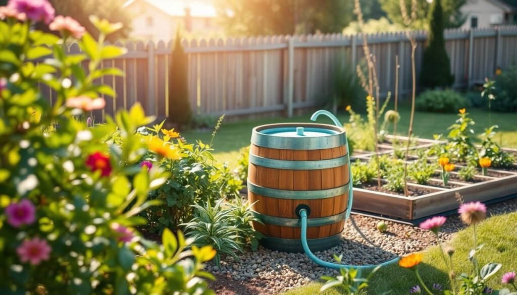 A beautifully arranged DIY rain barrel nestled in a vibrant garden, showcasing an eco-friendly design made from a repurposed wooden barrel. In the foreground, lush green plants and blooming flowers frame the barrel, adding a splash of color. The middle ground features the rain barrel resting on a gravel base, with a small hose leading to a nearby vegetable patch, emphasizing its practical use. In the background, a wooden fence and a few trees create a serene outdoor atmosphere, bathed in soft, warm sunlight. The scene conveys a harmonious connection with nature, evoking a sense of sustainability and tranquility, perfect for enhancing any outdoor living space. The image should have a bright and airy feel, captured from a slightly elevated angle to showcase the rain barrel's details and the surrounding garden.