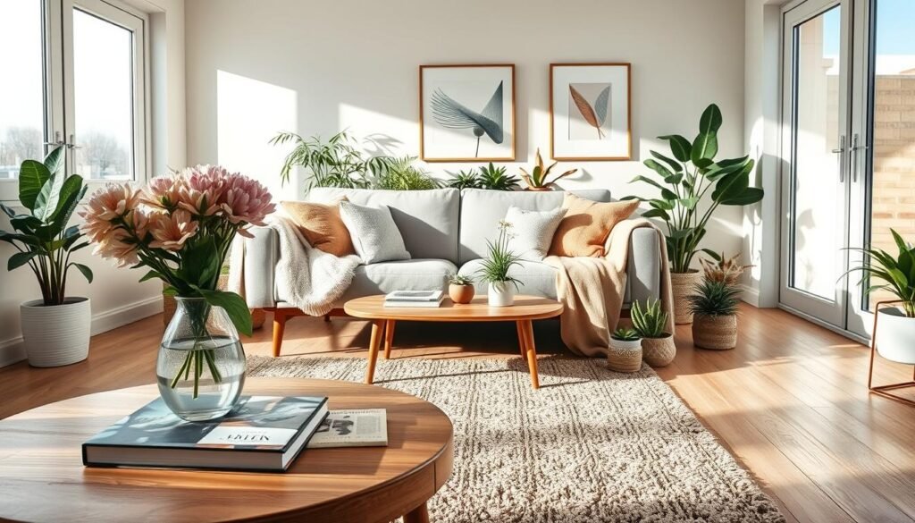 A beautifully arranged aesthetic room decor showcasing a cozy living space. In the foreground, a wooden coffee table adorned with a minimalistic vase of fresh flowers and a few stylish coffee books. In the middle, a plush, textured area rug that adds warmth underfoot, paired with a mid-century modern sofa draped with soft, pastel throw blankets. Surrounding the sofa are various houseplants in decorative pots, creating a lush, inviting atmosphere. In the background, large windows allow bright natural light to flood the room, casting soft shadows and enhancing the airy feel. The walls are painted in soothing, muted tones, accented with framed art pieces that add personality. Capture the scene using a bright, soft sunlight setting with a wide-angle lens to emphasize the spaciousness and tranquility of the room. A beautifully arranged aesthetic room decor showcasing a cozy living space. In the foreground, a wooden coffee table adorned with a minimalistic vase of fresh flowers and a few stylish coffee books. In the middle, a plush, textured area rug that adds warmth underfoot, paired with a mid-century modern sofa draped with soft, pastel throw blankets. Surrounding the sofa are various houseplants in decorative pots, creating a lush, inviting atmosphere. In the background, large windows allow bright natural light to flood the room, casting soft shadows and enhancing the airy feel. The walls are painted in soothing, muted tones, accented with framed art pieces that add personality. Capture the scene using a bright, soft sunlight setting with a wide-angle lens to emphasize the spaciousness and tranquility of the room.