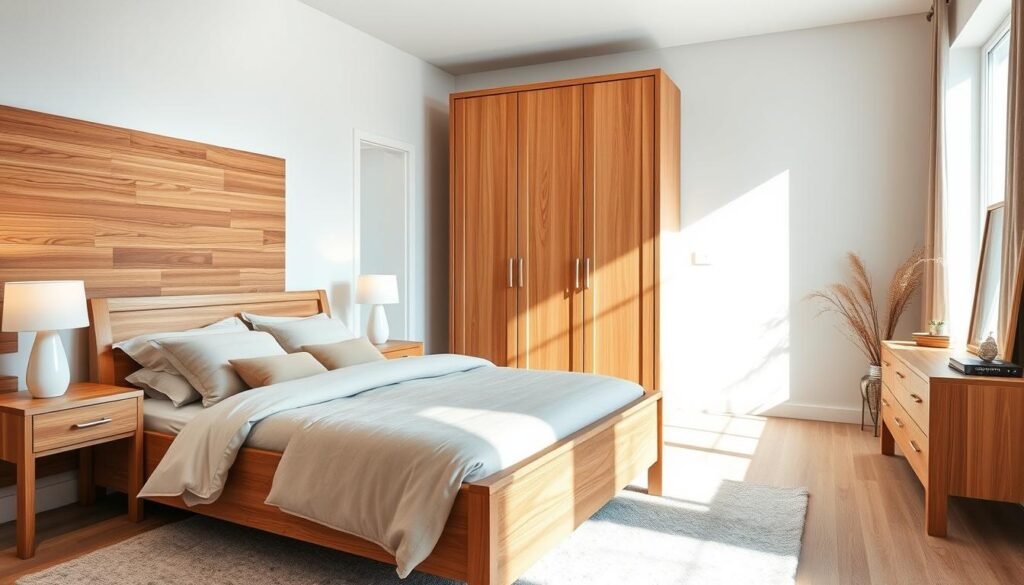 A beautifully arranged bedroom featuring elegant natural wood furniture. In the foreground, a stylish wooden bed frame with a plush, neutral-toned bedding set, complemented by matching bedside tables adorned with soft-lit lamps. The middle ground showcases a spacious wooden wardrobe with clean lines and a warm finish. In the background, a large window allows bright, soft sunlight to flood the room, enhancing the cozy atmosphere with gentle shadows. The walls feature a calming color palette, while a tasteful wooden accent wall adds depth and texture. The overall mood is serene and inviting, ideal for fostering relaxation and restfulness. Shot from a slightly elevated angle to capture the full depth of the room, highlighting the cohesive design elements.
