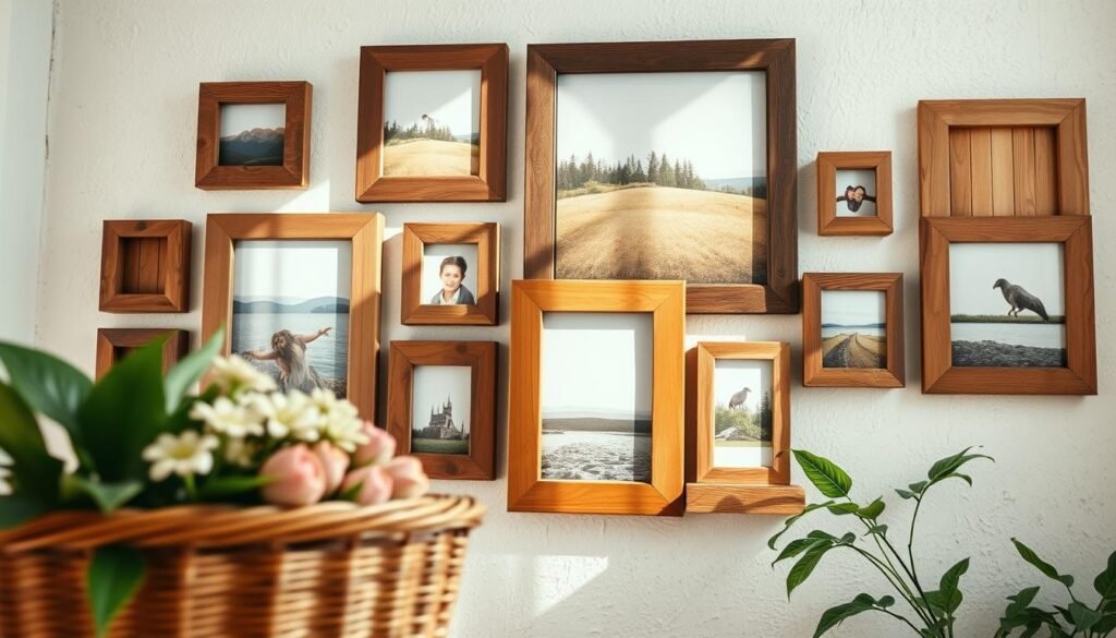 A beautifully arranged collection of rustic wooden picture frames, showcasing a variety of sizes and finishes, displayed on a light-colored, textured wall. The frames, featuring natural wood grains and charming imperfections, hold warm-toned family photographs and scenic landscapes. In the foreground, a soft, woven basket complements the display, filled with fresh flowers. The middle ground captures the frames in perfect detail, illuminated by bright, natural sunlight pouring in through a nearby window, casting gentle shadows that enhance the textures. In the background, a hint of greenery from houseplants peeks in, adding a touch of life to the scene. The overall atmosphere is warm, inviting, and effortlessly stylish, embodying a cozy home environment rich in personal touches. A beautifully arranged collection of rustic wooden picture frames, showcasing a variety of sizes and finishes, displayed on a light-colored, textured wall. The frames, featuring natural wood grains and charming imperfections, hold warm-toned family photographs and scenic landscapes. In the foreground, a soft, woven basket complements the display, filled with fresh flowers. The middle ground captures the frames in perfect detail, illuminated by bright, natural sunlight pouring in through a nearby window, casting gentle shadows that enhance the textures. In the background, a hint of greenery from houseplants peeks in, adding a touch of life to the scene. The overall atmosphere is warm, inviting, and effortlessly stylish, embodying a cozy home environment rich in personal touches.
