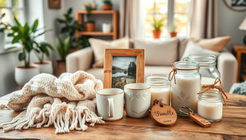 A beautifully arranged display of handmade gift ideas on a rustic wooden table. In the foreground, showcase a variety of crafts: a hand-knitted scarf in soft pastel colors, a set of intricately designed ceramic mugs, and a jar filled with homemade candles. In the middle ground, arrange a wooden picture frame with a nature-inspired photograph and a personalized wooden keychain, hinting at the thoughtful nature of the gifts. The background features a cozy, inviting living space with potted plants and soft furnishings, bathed in bright, airy natural light filtering through a window. The mood is warm and inviting, evoking feelings of care and craftsmanship. Use a shallow depth of field to accentuate the handmade gifts while softly blurring the background details.
