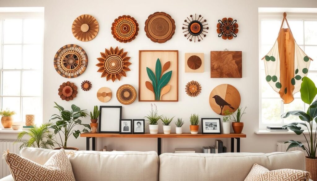 A beautifully arranged display of handmade wall art in a cozy, well-lit living space. In the foreground, various handcrafted wall pieces showcase intricate designs, featuring natural wood textures, vibrant colors, and organic shapes. The middle ground includes a stylish wooden shelf adorned with small plants and framed photographs, complementing the art above. In the background, soft sunlight streams through large windows, illuminating the room with an airy and inviting ambiance. The overall mood evokes warmth and creativity, emphasizing the transformation that unique DIY decor can bring to a space. The composition captures the essence of a homey atmosphere while highlighting the artistry of handmade creations.