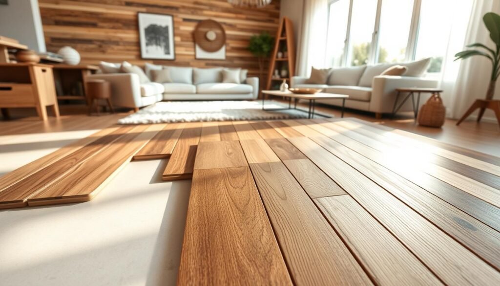 A beautifully arranged display of various wood flooring options, showcasing a range of textures and colors including oak, walnut, and maple. In the foreground, slatted wood samples are spread out on a light, airy surface, with natural light illuminating their grains and finishes. The middle ground features a stylish living room scene, with a cozy atmosphere created by soft, warm tones—plush rugs and inviting furniture complementing the wood selections. In the background, a large window allows soft sunlight to flood the space, enhancing the rich wood hues and creating a serene mood. Capture this scene from a slightly elevated angle, emphasizing light reflections on the wood surfaces, evoking feelings of warmth and comfort.