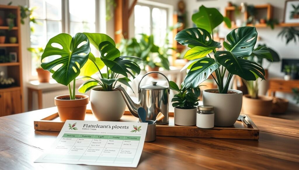 A beautifully arranged indoor plant care schedule displayed on a rustic wooden tabletop, featuring vibrant statement plants like a majestic fiddle leaf fig and a lush monstera in stylish ceramic pots. In the foreground, the care schedule is designed with colorful botanical illustrations, showcasing watering, light, and temperature needs. The middle layer includes an artistically arranged watering can and gardening tools, all bathed in soft, natural sunlight filtering through a large window. The background reveals a bright, airy room filled with greenery, accentuated by wooden accents and a harmonious color palette of greens and earthy tones. The mood is serene and inviting, perfect for showcasing plant care practices in a refreshing domestic setting.