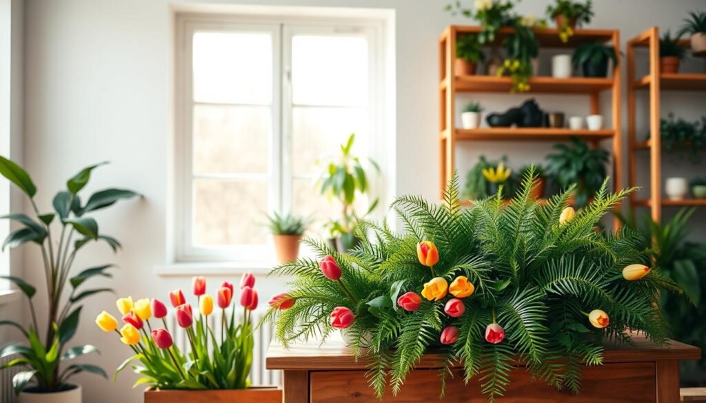 A beautifully arranged indoor space showcasing a seasonal plant rotation system. In the foreground, a wooden console table is adorned with vibrant seasonal plants, such as blooming tulips and lush ferns, creating a harmonious balance of colors and textures. The middle ground features a large window allowing soft, warm sunlight to stream in, casting gentle shadows that enhance the greenery. In the background, subtle wooden shelves display additional plants, reflecting the seasonal change, with each shelf holding different species thriving together. The overall atmosphere feels fresh and inviting, with a focus on natural elements and a sense of serenity, perfect for a home décor setting. The composition is bright and airy, emphasizing the importance of seasonal vitality in plant displays.