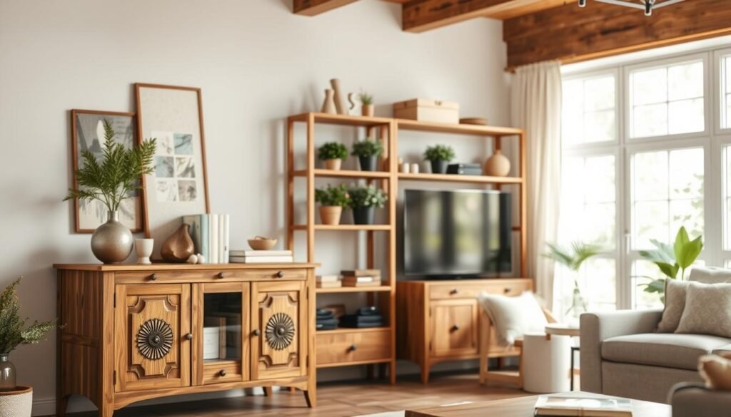A beautifully arranged living room featuring a selection of elegant wooden storage solutions that showcase timeless design. In the foreground, a rustic wooden cabinet with intricate carvings, displaying decorative items and cozy books. In the middle, a sleek wooden shelving unit with potted greenery and decorative boxes, emphasizing functionality and style. The background reveals a softly lit space with large windows allowing bright natural light to pour in, enhancing the warm tones of the wood. The atmosphere feels inviting and serene, with airy decorations, subtle textures, and a balance of open space. Capture this scene with a soft-focus lens to emphasize the warmth and character of the wooden pieces, creating a harmonious and relaxed living environment.