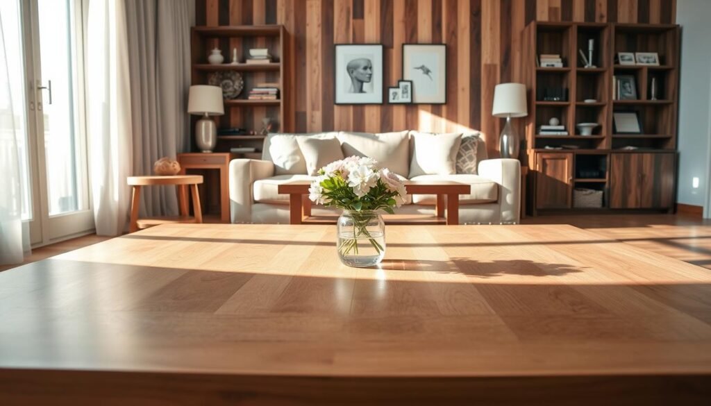 A beautifully arranged living room featuring timeless wood finishes, showcasing a blend of light oak and rich walnut textures. In the foreground, a polished wooden coffee table glimmers in soft sunlight, adorned with a simple vase of fresh flowers. The middle ground includes a plush, neutral-tone sofa with elegant throw pillows, and a wooden side table holding a decorative lamp. In the background, an inviting bookshelf made of reclaimed wood displays carefully curated decor pieces. The ambiance is warm and inviting, with bright natural light filtering through sheer curtains, creating a soft, airy feel. Capture this scene at a 45-degree angle to emphasize depth and perspective, highlighting the quality of craftsmanship in the wood finishes. The overall mood conveys elegance and durability, perfect for a timeless living space.