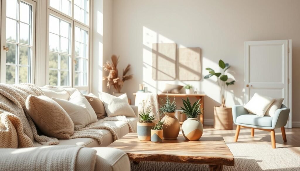 A beautifully arranged living room scene that showcases cozy color palettes, featuring soft, earthy tones like muted greens, gentle browns, warm creams, and soft blues. In the foreground, a plush, inviting sofa draped with textured throws and accent cushions in these colors. The middle ground includes a rustic wooden coffee table adorned with a few potted plants and a stylish ceramic vase. In the background, large windows allow bright, airy natural light to pour in, casting soft shadows across the space. The atmosphere feels warm and inviting, promoting a sense of calm and relaxation. The image is well-lit with soft sunlight, creating a serene ambiance and highlighting the earthy textures and colors in this harmonious living space.