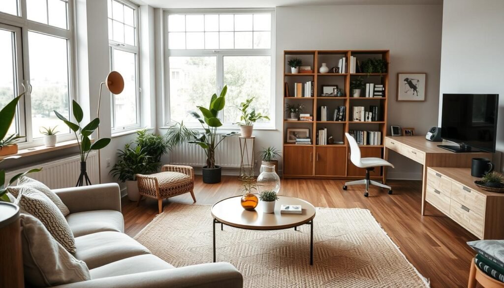 A beautifully arranged living room showcasing a balance of functionality and aesthetics. In the foreground, a cozy seating area with a stylish sofa and a minimalist coffee table, both thoughtfully placed for comfort and accessibility. In the middle ground, a well-organized bookshelf and tasteful decorative plants contribute to the room’s atmosphere, while a functional workspace with a modern desk illustrates practicality. The background features large windows that allow soft, bright natural light to flood the space, highlighting the airy ambiance. The decor is inviting yet uncluttered, with warm neutral tones. The mood is serene and harmonious, encouraging viewers to consider the purpose of each element in the room. The scene is captured with a wide-angle lens to emphasize spatial relationships. A beautifully arranged living room showcasing a balance of functionality and aesthetics. In the foreground, a cozy seating area with a stylish sofa and a minimalist coffee table, both thoughtfully placed for comfort and accessibility. In the middle ground, a well-organized bookshelf and tasteful decorative plants contribute to the room’s atmosphere, while a functional workspace with a modern desk illustrates practicality. The background features large windows that allow soft, bright natural light to flood the space, highlighting the airy ambiance. The decor is inviting yet uncluttered, with warm neutral tones. The mood is serene and harmonious, encouraging viewers to consider the purpose of each element in the room. The scene is captured with a wide-angle lens to emphasize spatial relationships.