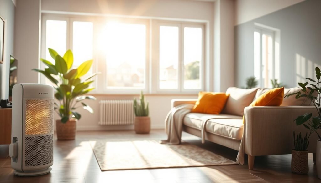 A beautifully arranged living room showcasing a comfortable and inviting atmosphere, highlighting improvements in temperature and air quality. In the foreground, a modern air purifier emits soft, glowing light, symbolizing clean air. The middle ground features a cozy sofa with bright cushions and a lightweight throw blanket, with a large leafy indoor plant nearby that enhances air quality. In the background, a set of large windows invites bright natural light, casting gentle beams throughout the room. The scene is bathed in soft sunlight, creating an airy and well-lit environment. The overall mood is tranquil and harmonious, evoking a sense of comfort and wellness in the space. Opt for a wide-angle view to capture the room's inviting essence. A beautifully arranged living room showcasing a comfortable and inviting atmosphere, highlighting improvements in temperature and air quality. In the foreground, a modern air purifier emits soft, glowing light, symbolizing clean air. The middle ground features a cozy sofa with bright cushions and a lightweight throw blanket, with a large leafy indoor plant nearby that enhances air quality. In the background, a set of large windows invites bright natural light, casting gentle beams throughout the room. The scene is bathed in soft sunlight, creating an airy and well-lit environment. The overall mood is tranquil and harmonious, evoking a sense of comfort and wellness in the space. Opt for a wide-angle view to capture the room's inviting essence.