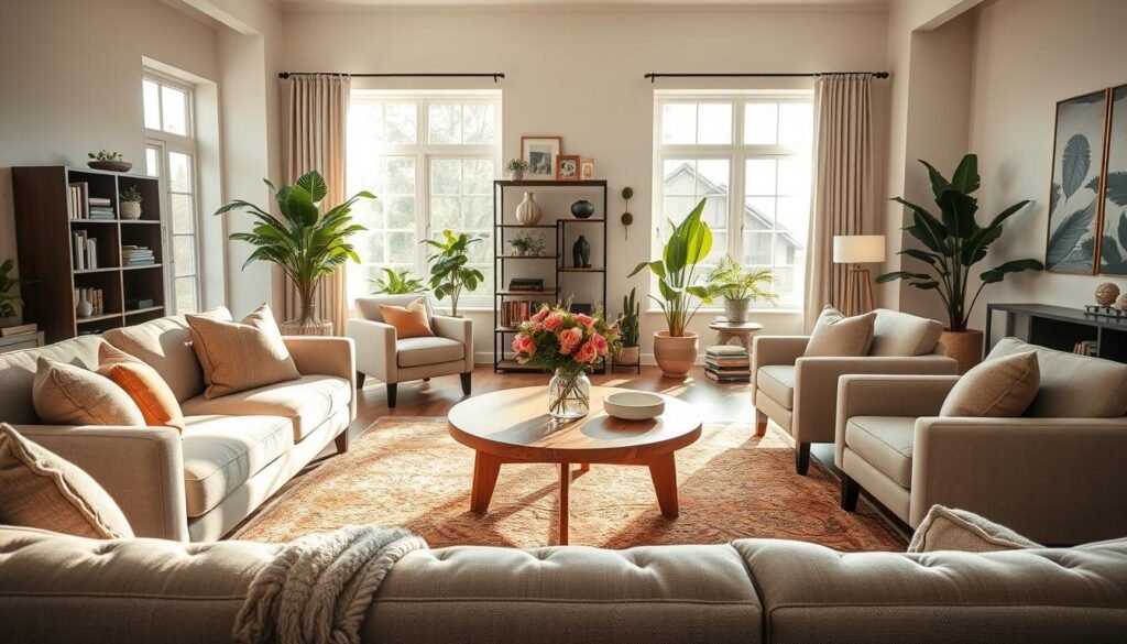 A beautifully arranged living room showcasing a natural flow, designed for conversation. In the foreground, a plush, neutral-toned sofa faces a round wooden coffee table, surrounded by cozy armchairs with soft fabrics. On the table, a vase of fresh flowers adds a pop of color. The middle ground features an airy layout, with a warm area rug that defines the seating area, while a sleek bookshelf and indoor plants provide visual interest. In the background, large windows invite soft, filtered sunlight, illuminating the space and creating a welcoming atmosphere. The scene is captured with a wide-angle lens to emphasize the spaciousness, evoking a sense of comfort and ease in this stylish living arrangement.