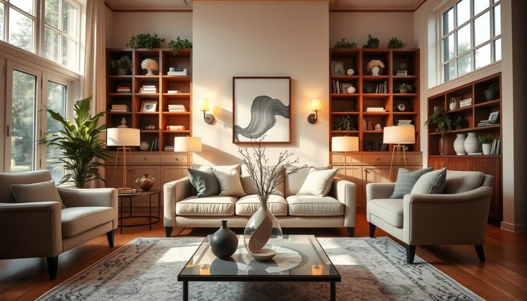 A beautifully arranged living room showcasing balanced lighting layers, featuring soft, natural sunlight streaming through large windows. In the foreground, a stylish coffee table with an elegant vase and a few decorative objects. The middle layer includes plush seating with neutral-colored upholstery, strategically placed to invite conversation, surrounded by warm floor lamps that emit a gentle glow. In the background, built-in bookshelves filled with greenery and well-organized decor, enhancing the room's warmth. The atmosphere feels airy and inviting, with a harmonious blend of bright and soft lighting illuminating the space evenly. Use a wide-angle lens to capture the entire room, creating a sense of spaciousness and comfort. A beautifully arranged living room showcasing balanced lighting layers, featuring soft, natural sunlight streaming through large windows. In the foreground, a stylish coffee table with an elegant vase and a few decorative objects. The middle layer includes plush seating with neutral-colored upholstery, strategically placed to invite conversation, surrounded by warm floor lamps that emit a gentle glow. In the background, built-in bookshelves filled with greenery and well-organized decor, enhancing the room's warmth. The atmosphere feels airy and inviting, with a harmonious blend of bright and soft lighting illuminating the space evenly. Use a wide-angle lens to capture the entire room, creating a sense of spaciousness and comfort.