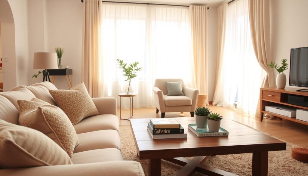 A beautifully arranged living room showcasing furniture arrangement and proper scale, focusing on comfort and warmth. The foreground features a soft, plush sofa in light beige, accented with cozy, patterned throw pillows. A sleek wooden coffee table sits in front, adorned with a couple of decorative books and a small potted plant. In the middle ground, a well-placed armchair complements the sofa, providing an inviting seating area. The background highlights a soft, airy window with flowing curtains that allow natural light to flood the room, enhancing the atmosphere. The overall mood is cozy and inviting, with bright, soft sunlight illuminating the space, creating a warm and relaxing environment. Shot at a slight angle with a wide lens to capture the room's layout.