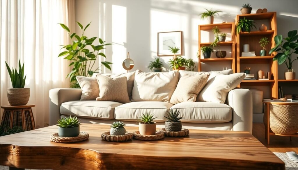 A beautifully arranged living room showcasing natural home decor ideas. In the foreground, a rustic wooden coffee table adorned with small potted plants and woven coasters. The middle features a plush, light-colored sofa with textured throw pillows in muted, earthy tones. A large indoor plant flourishes beside the couch, casting gentle shadows on the wall. In the background, warm sunlight filters through sheer curtains, highlighting a wooden bookshelf filled with decorative items and greenery. The overall atmosphere is serene and inviting, reflecting a harmonious blend of wood and plants, with an airy feel created by bright natural light and soft sunlight. The scene is captured from a slightly elevated angle to emphasize the depth and layers of decor elements. A beautifully arranged living room showcasing natural home decor ideas. In the foreground, a rustic wooden coffee table adorned with small potted plants and woven coasters. The middle features a plush, light-colored sofa with textured throw pillows in muted, earthy tones. A large indoor plant flourishes beside the couch, casting gentle shadows on the wall. In the background, warm sunlight filters through sheer curtains, highlighting a wooden bookshelf filled with decorative items and greenery. The overall atmosphere is serene and inviting, reflecting a harmonious blend of wood and plants, with an airy feel created by bright natural light and soft sunlight. The scene is captured from a slightly elevated angle to emphasize the depth and layers of decor elements.
