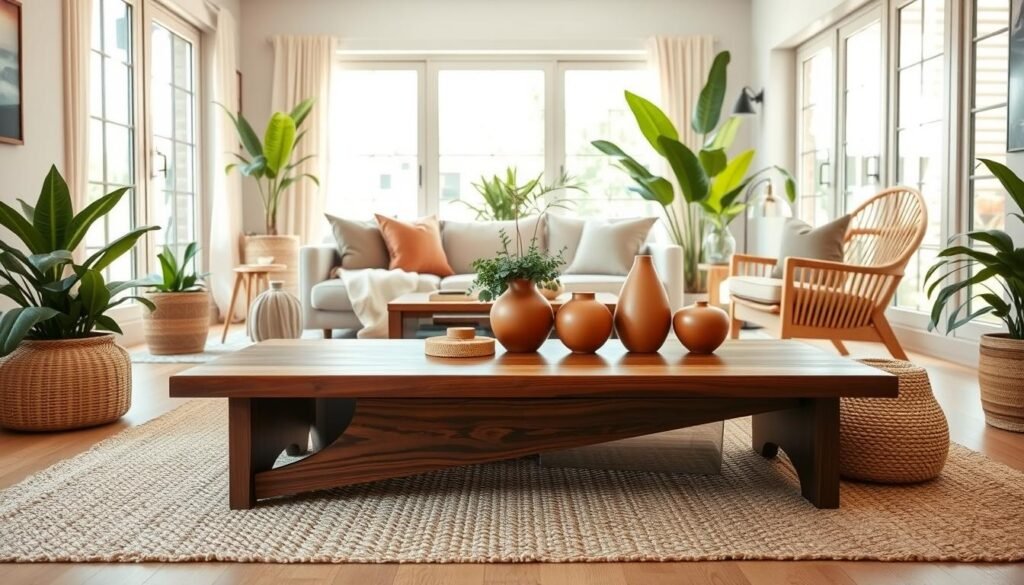 A beautifully arranged living room showcasing the harmonious pairing of wood with complementary natural materials. In the foreground, a sleek wooden coffee table featuring a rich mahogany finish sits atop a soft, woven jute rug. Next to it, decorative elements made of rattan and terracotta add texture. The middle ground reveals a cozy seating area with plush cushions in muted earth tones, paired with a natural wood accent chair. Large windows in the background allow bright, soft sunlight to flood the space, enhancing the warm atmosphere. Lush green plants are strategically placed around the room, blending seamlessly with the wood elements. The overall mood is inviting, tranquil, and stylish, exemplifying a modern yet earthy aesthetic. The scene is captured with a wide-angle lens to emphasize the spaciousness and charming details, illuminated by natural light.