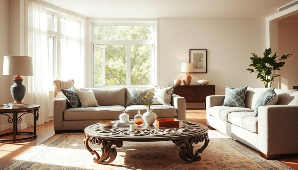 A beautifully arranged living room showcasing the principles of furniture scale and proportion. In the foreground, a stylish sofa, perfectly sized for the space, complements an intricately designed coffee table. In the middle ground, a well-placed armchair harmonizes with decorative elements, ensuring a balanced layout. The background features a large window, inviting soft, natural light that illuminates the room and highlights the textures of the furniture. A neutral color palette enhances the airy atmosphere, with soft shadows adding depth. Capture this scene with a warm, inviting feel, using a wide-angle lens to emphasize the spaciousness and proportionate placement of each piece, ensuring the image is clean and professional without any text or distractions. A beautifully arranged living room showcasing the principles of furniture scale and proportion. In the foreground, a stylish sofa, perfectly sized for the space, complements an intricately designed coffee table. In the middle ground, a well-placed armchair harmonizes with decorative elements, ensuring a balanced layout. The background features a large window, inviting soft, natural light that illuminates the room and highlights the textures of the furniture. A neutral color palette enhances the airy atmosphere, with soft shadows adding depth. Capture this scene with a warm, inviting feel, using a wide-angle lens to emphasize the spaciousness and proportionate placement of each piece, ensuring the image is clean and professional without any text or distractions.
