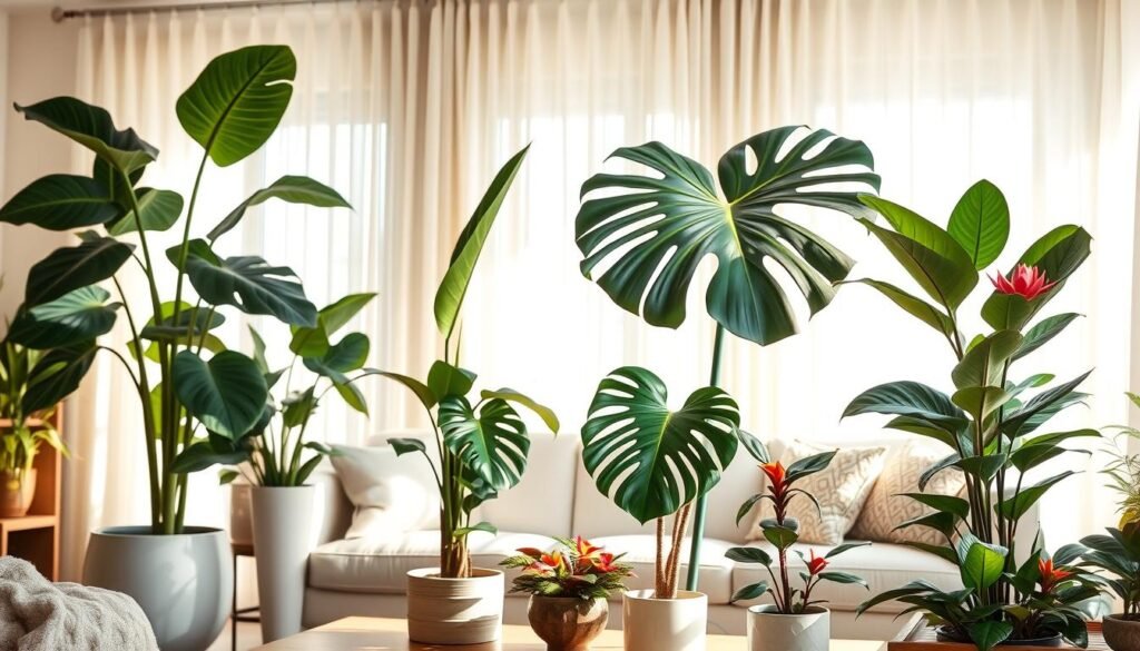 A beautifully arranged living space showcasing a variety of statement plants as standalone features, positioned artfully throughout the room. The foreground features a tall, majestic fiddle leaf fig with broad leaves, next to a dramatic, sculptural snake plant, both placed in stylish ceramic pots. In the middle ground, an elegant monstera plant with its iconic split leaves adds a dynamic element, alongside a vibrant, flowering bromeliad that draws the eye. The background displays soft, airy curtains letting in bright natural light, illuminating the space with warm, soft sunlight. The overall atmosphere is tranquil and inviting, with a modern aesthetic that highlights each plant as an eye-catching centerpiece, creating a harmonious balance in the décor.