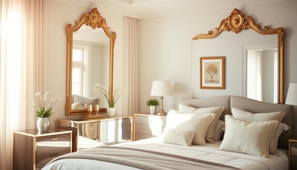 A beautifully arranged master bedroom featuring a stylish design that incorporates mirrors and various reflective surfaces. In the foreground, a large, ornate wall mirror elegantly reflects soft, natural light pouring in from a nearby window, highlighting the cozy atmosphere. The middle ground showcases a comfortable bed adorned with light, airy linens and decorative pillows, complemented by a sleek nightstand with a small potted plant and a decorative lamp. In the background, light-colored walls and tasteful artwork create a serene environment. The room is filled with bright natural light and soft sunlight filtering through sheer curtains. The overall mood of the image is light, airy, and inviting, making the space feel spacious and cozy. Capture the scene with a warm tone and a slight depth of field, focusing on the reflection in the mirror for added dimension.