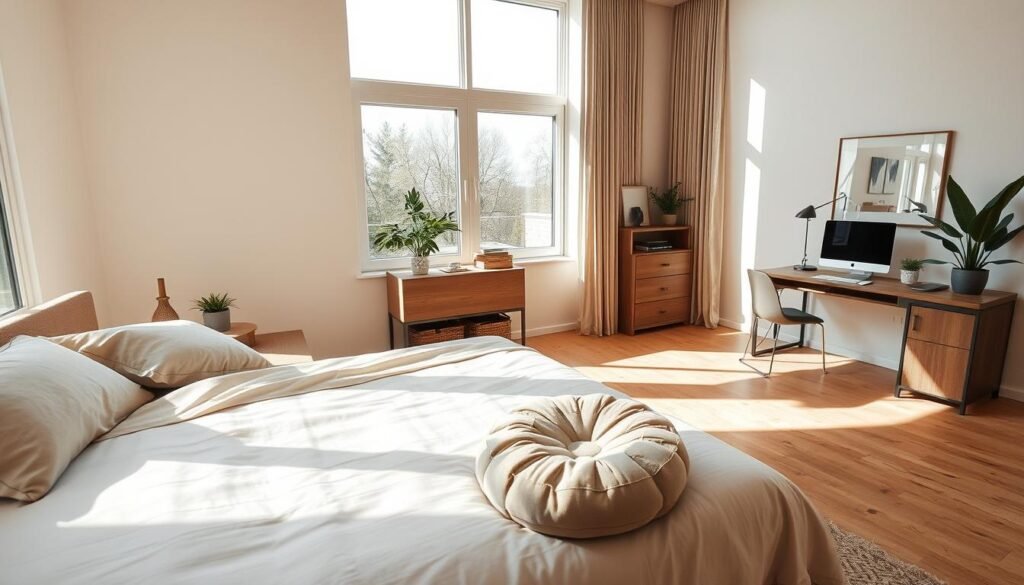 A beautifully arranged modern bedroom emphasizing flow and functionality. In the foreground, a cozy queen-sized bed with soft, neutral linens and a stylish pouf at the foot, inviting relaxation. The middle ground showcases a minimalist wooden nightstand, a decorative lamp, and a small plant to add a touch of nature. Adjacent is a functional workspace with a stylish desk and chair, promoting productivity. In the background, large windows let in bright natural light, casting soft shadows across the room, enhancing its airy feel. Warm tones in the décor reflect a calm atmosphere, perfect for both restful mornings and peaceful nights. Capture this scene from a slightly elevated angle to emphasize the layout and flow, with a wide lens for clarity.
