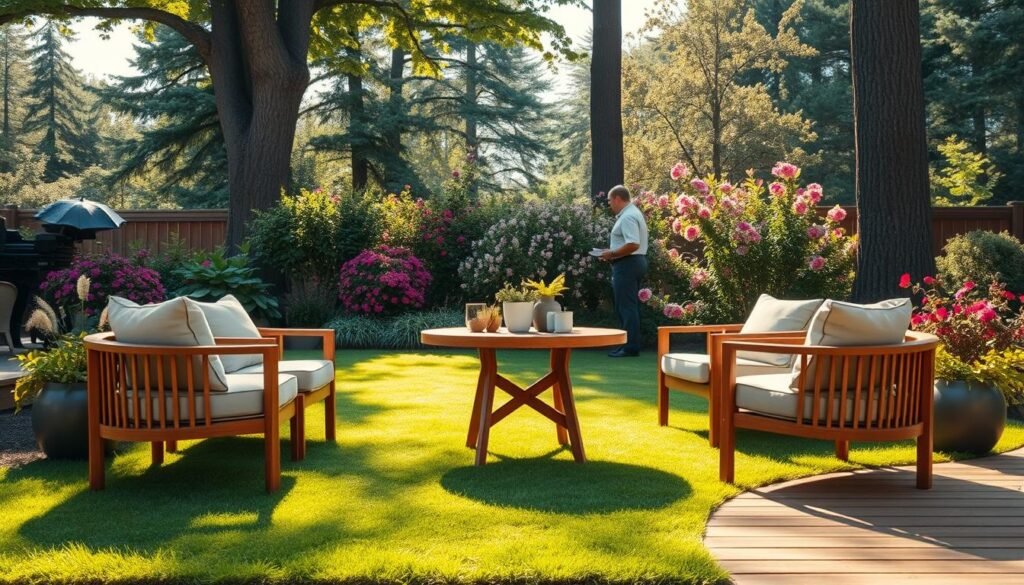 A beautifully arranged outdoor seating area designed for social interaction, set in a lush backyard. In the foreground, a round wooden table surrounded by four comfortable, cushioned chairs, all in neutral tones. Fresh plants and small decorative items on the table add a welcoming touch. The middle ground features a soft, grassy lawn, transitioning into a wood deck area, inviting conversation. In the background, tall trees and vibrant flowering shrubs create a serene backdrop under bright, natural light with soft sunlight filtering through, enhancing the inviting atmosphere. The scene is captured from a slightly elevated angle, showcasing the layout's openness and promoting a sense of relaxation and comfort, ideal for social gatherings. A beautifully arranged outdoor seating area designed for social interaction, set in a lush backyard. In the foreground, a round wooden table surrounded by four comfortable, cushioned chairs, all in neutral tones. Fresh plants and small decorative items on the table add a welcoming touch. The middle ground features a soft, grassy lawn, transitioning into a wood deck area, inviting conversation. In the background, tall trees and vibrant flowering shrubs create a serene backdrop under bright, natural light with soft sunlight filtering through, enhancing the inviting atmosphere. The scene is captured from a slightly elevated angle, showcasing the layout's openness and promoting a sense of relaxation and comfort, ideal for social gatherings.