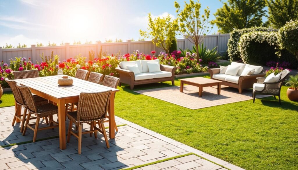 A beautifully arranged outdoor seating area showcasing various types of stable outdoor furniture on different ground surfaces. In the foreground, a sturdy wooden dining table surrounded by comfortable wicker chairs, all placed on a well-maintained patio made of interlocking stones. In the middle, a soft area rug anchors a cozy lounge set, complete with plush cushions, situated on a lush green lawn. In the background, a flower garden softly blurred to showcase a clear blue sky with warm sunlight filtering through. The scene captures a sense of tranquility and comfort, highlighting the importance of stable seating placement. Utilize bright, natural lighting to enhance the atmosphere, with a soft focus effect lending a peaceful feel to the setup. Ideal angle is a slightly elevated perspective to capture the entire arrangement harmoniously. A beautifully arranged outdoor seating area showcasing various types of stable outdoor furniture on different ground surfaces. In the foreground, a sturdy wooden dining table surrounded by comfortable wicker chairs, all placed on a well-maintained patio made of interlocking stones. In the middle, a soft area rug anchors a cozy lounge set, complete with plush cushions, situated on a lush green lawn. In the background, a flower garden softly blurred to showcase a clear blue sky with warm sunlight filtering through. The scene captures a sense of tranquility and comfort, highlighting the importance of stable seating placement. Utilize bright, natural lighting to enhance the atmosphere, with a soft focus effect lending a peaceful feel to the setup. Ideal angle is a slightly elevated perspective to capture the entire arrangement harmoniously.