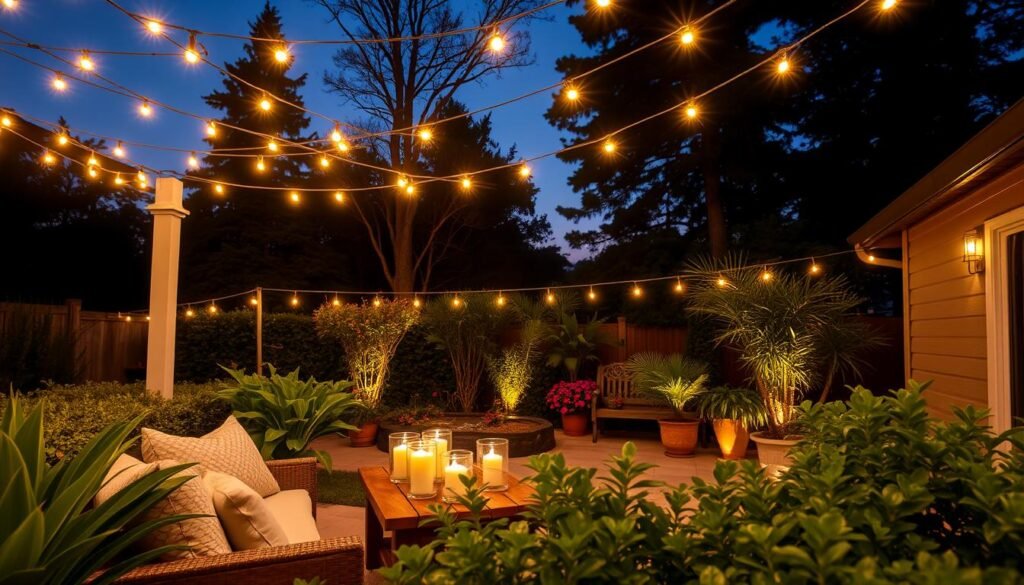 A beautifully arranged outdoor space featuring glowing string lights elegantly strung above, casting a warm and inviting ambiance. In the foreground, lush greenery surrounds a cozy seating area, with comfortable cushions and a rustic wooden table adorned with candles. In the middle ground, vibrant potted plants and a small water feature reflect the soft glow of the lights, enhancing the tranquil atmosphere. The background is filled with towering trees and a twilight sky, showcasing hints of stars. The lighting is soft and natural, capturing the essence of a serene evening outdoors. The scene is designed to evoke a sense of relaxation and comfort, perfect for enjoying time in the backyard. A beautifully arranged outdoor space featuring glowing string lights elegantly strung above, casting a warm and inviting ambiance. In the foreground, lush greenery surrounds a cozy seating area, with comfortable cushions and a rustic wooden table adorned with candles. In the middle ground, vibrant potted plants and a small water feature reflect the soft glow of the lights, enhancing the tranquil atmosphere. The background is filled with towering trees and a twilight sky, showcasing hints of stars. The lighting is soft and natural, capturing the essence of a serene evening outdoors. The scene is designed to evoke a sense of relaxation and comfort, perfect for enjoying time in the backyard.