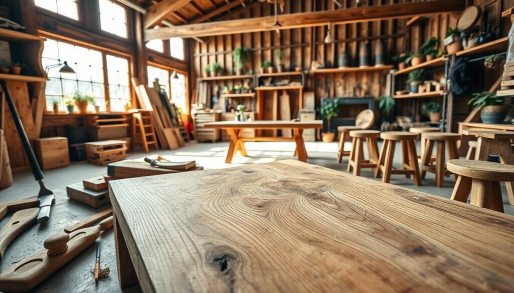 A beautifully arranged scene featuring various rustic woodworking projects, showcasing handmade wooden shelves, a farmhouse dining table, and a set of handcrafted stools. In the foreground, a close-up of a partially finished wooden coffee table with visible grain patterns and textures, surrounded by woodworking tools like chisels and sanders. The middle ground reveals a cozy, rustic workshop filled with sunlight streaming through large windows, illuminating the natural wood tones. In the background, rustic wooden beams and shelves lined with plants create a warm, inviting atmosphere. Capture the mood of peaceful creativity in soft, natural light, with a wide-angle perspective emphasizing the warmth and charm of these DIY woodworking crafts.