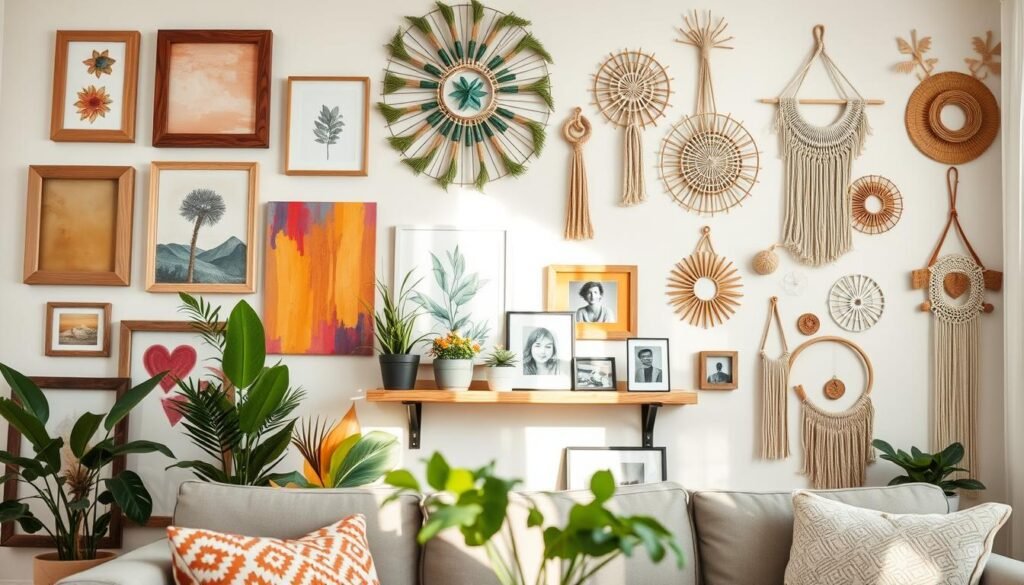 A beautifully arranged scene of DIY wall decor in a cozy living room setting. In the foreground, an assortment of handmade wall art pieces, including wooden frames, vibrant, hand-painted canvases, and macramé hangings, display creativity and personal style. In the middle, a stylish wooden shelf holds potted plants and framed photographs, enhancing the homely atmosphere. The background features a light-colored wall adorned with more DIY decorations, bathed in soft, natural sunlight streaming through a window, giving a warm and inviting glow. The mood is cheerful and inspiring, inviting viewers to explore budget-friendly creativity in home decor. The image is sharp and well-composed, capturing every detail with a realistic focus, ideal for showcasing the beauty of simple DIY projects. A beautifully arranged scene of DIY wall decor in a cozy living room setting. In the foreground, an assortment of handmade wall art pieces, including wooden frames, vibrant, hand-painted canvases, and macramé hangings, display creativity and personal style. In the middle, a stylish wooden shelf holds potted plants and framed photographs, enhancing the homely atmosphere. The background features a light-colored wall adorned with more DIY decorations, bathed in soft, natural sunlight streaming through a window, giving a warm and inviting glow. The mood is cheerful and inspiring, inviting viewers to explore budget-friendly creativity in home decor. The image is sharp and well-composed, capturing every detail with a realistic focus, ideal for showcasing the beauty of simple DIY projects.